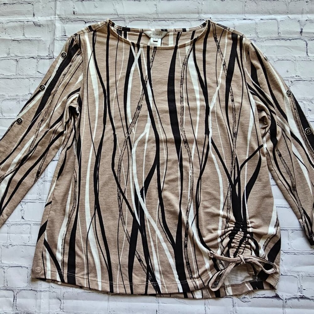 Multiples Women's Top Beige Black Abstract Print Button Sleeves Tie Hem Size S